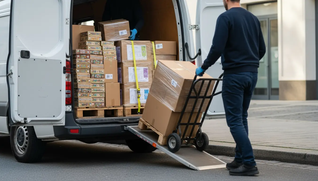 Åben varevogn ved stueetage med stabler af små spilæsker og større julekalenderæsker på en flyttevogn.