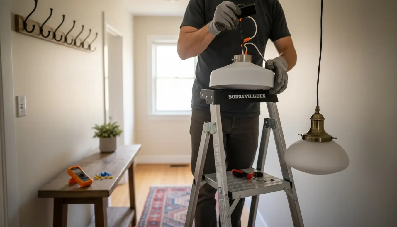 En person på en stige udskifter en loftlampe og forbereder installation af en regulerbar kontakt i en lys gang.