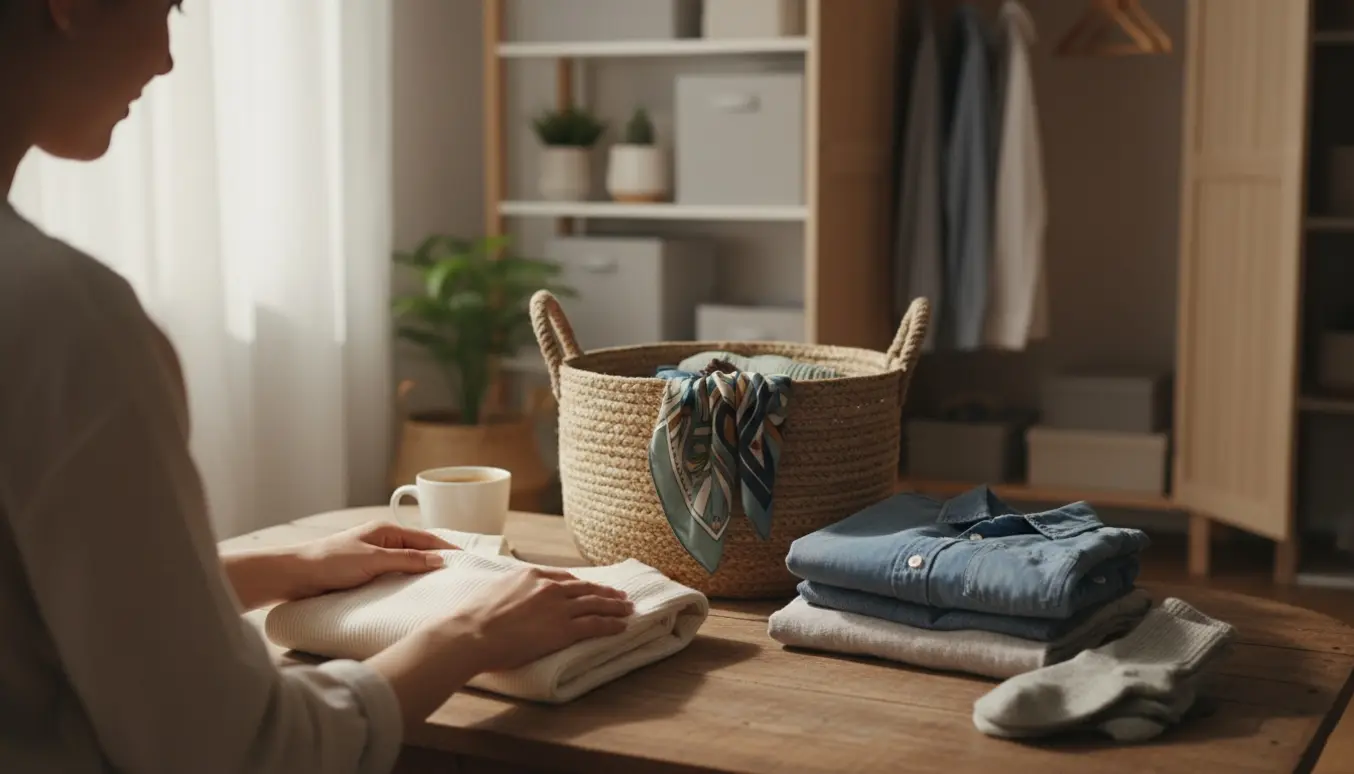 Hænder folder tøj ved en vasketøjskurv i et lyst og roligt hjemmemiljø.