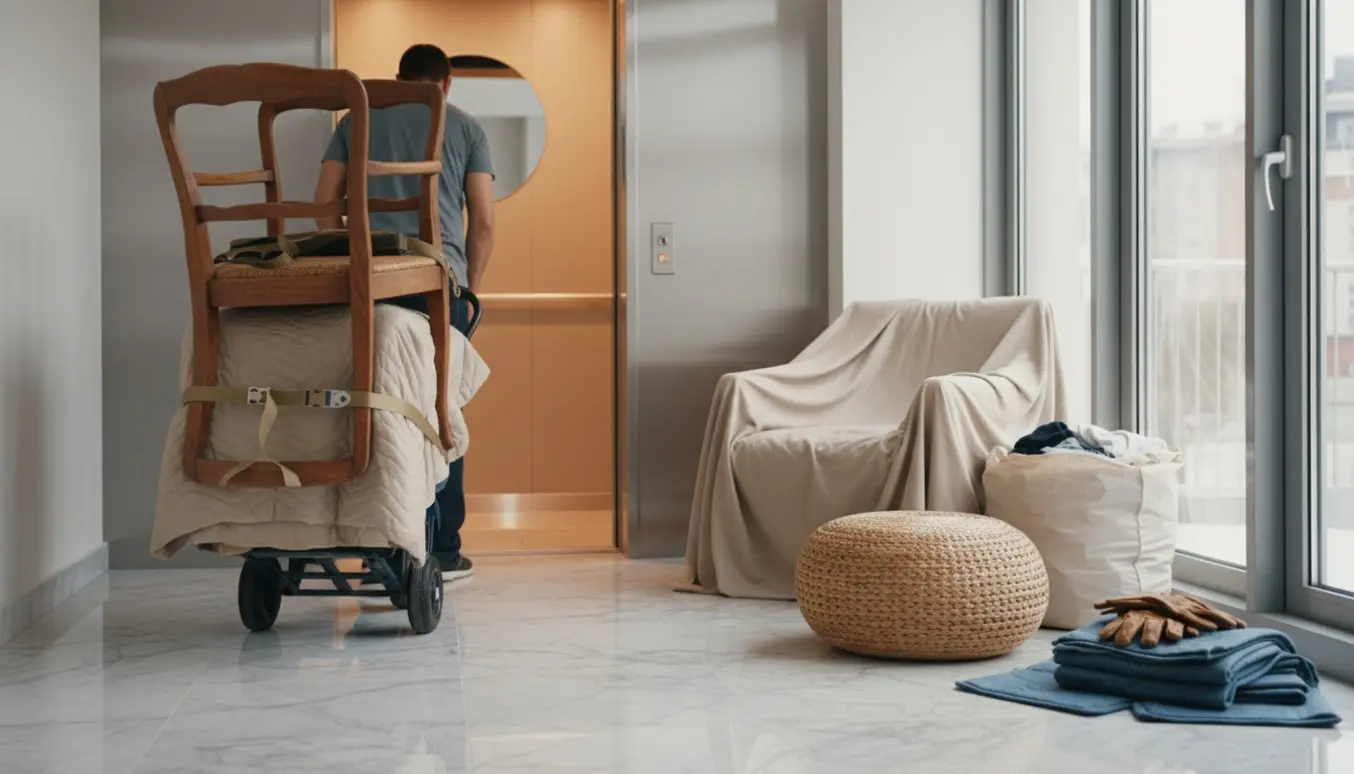 To personer læsser spisebordsstole, en lille lænestol, en puf og en sæk tøj ved en åben elevator i opgangen.