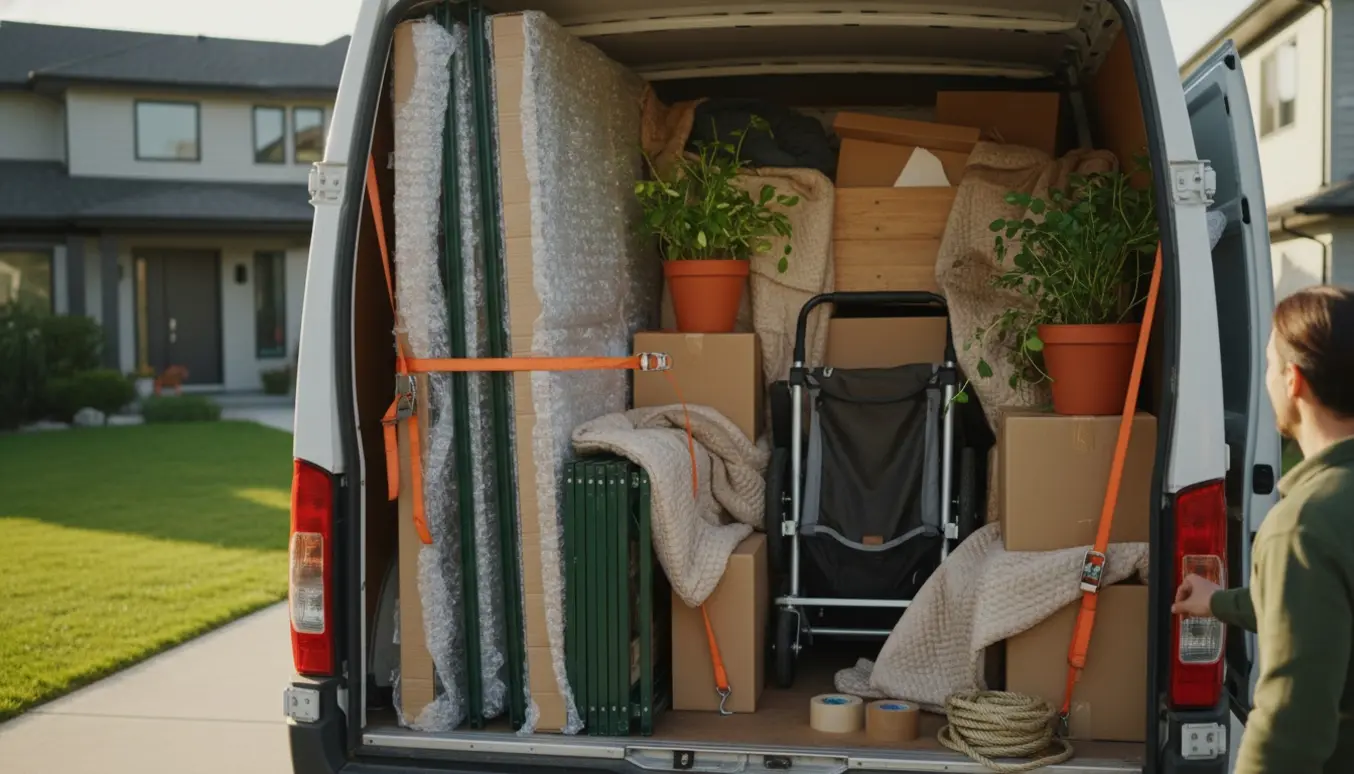 Åben flyttebil med beskyttede drivhusglas, ramme, plantepotter, flyttekasser og en sammenklappet cykelanhænger klar til lastning.