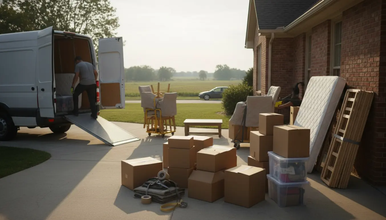 Ubranded flyttebil læsses med en afmonteret seng, spisebord, stole og cirka 35 flyttekasser foran en to-etagers bolig.