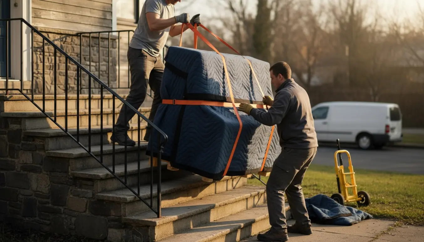 To personer bærer et indpakket klaver ned ad en trappe mod en ventende flyttevogn.
