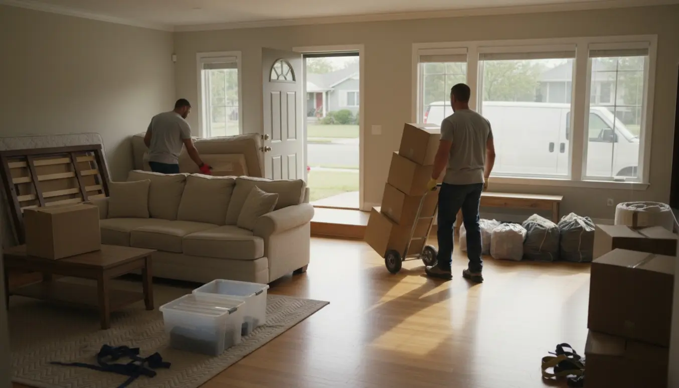 Flyttere bærer sofa og flyttekasser ind i en lys stue fra en hvid kassevogn uden logo.
