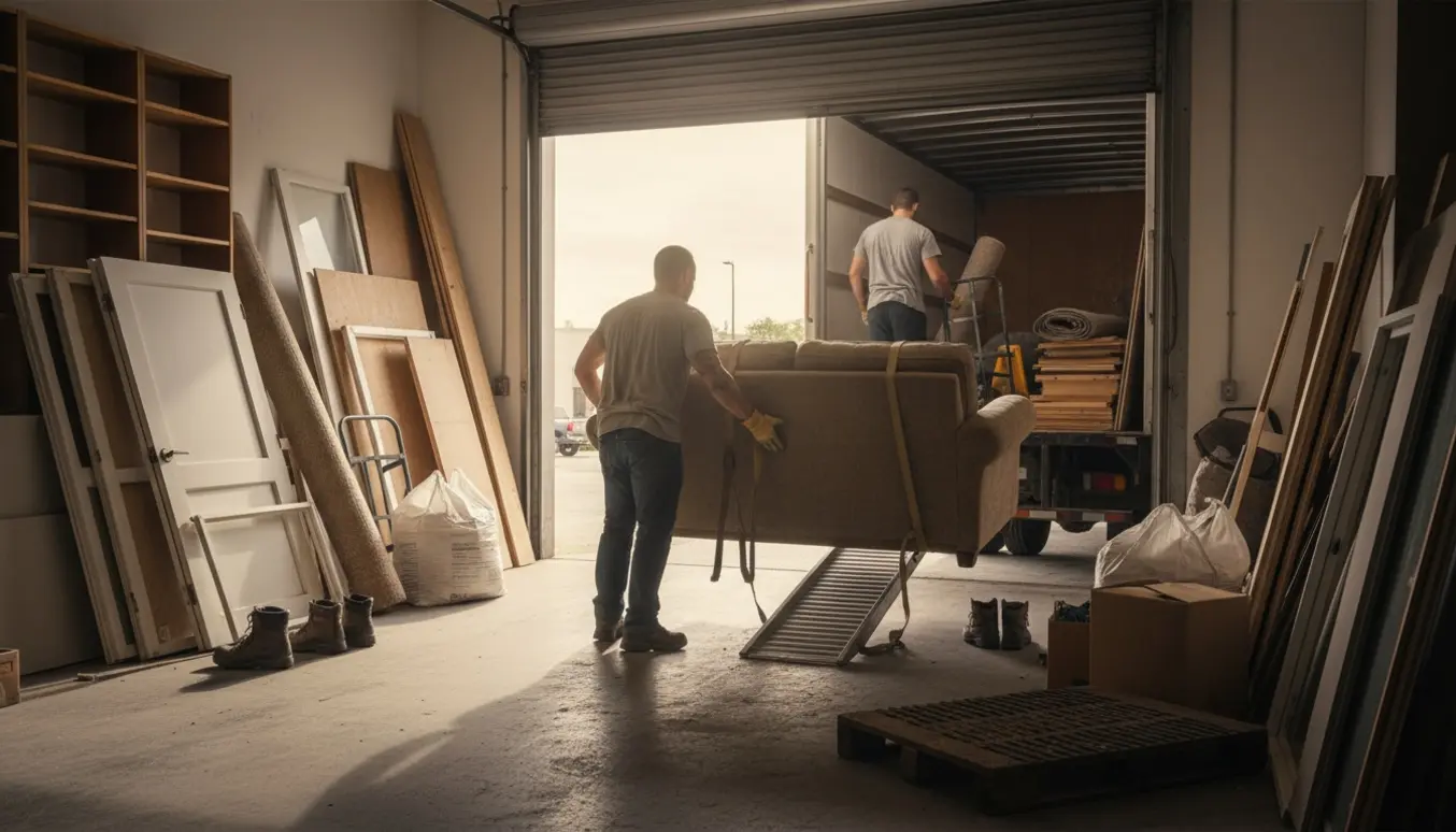 To arbejdere laster møbler, tæpper og byggematerialer op i en stor lastbil fra et storskraldsrum.