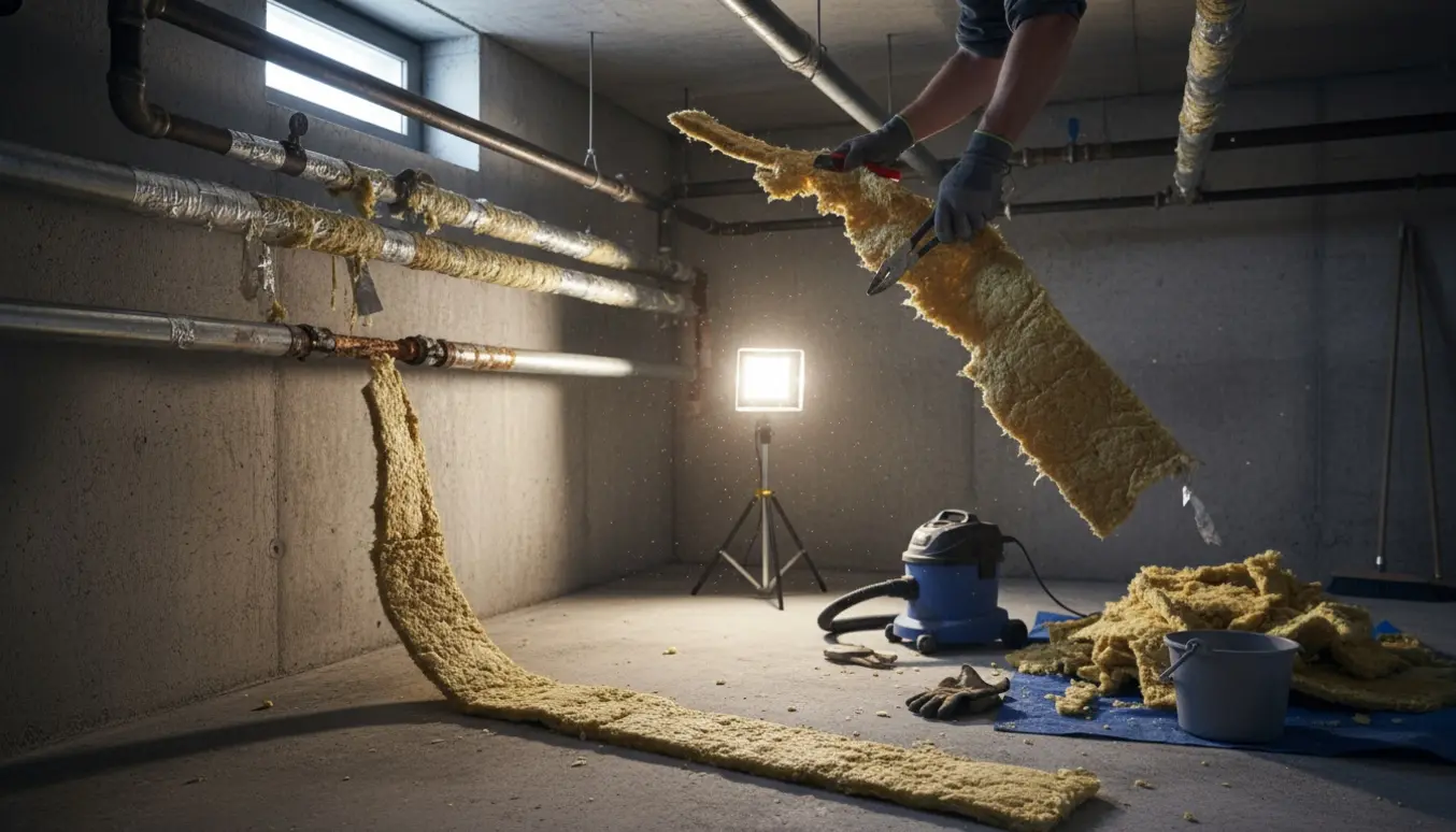 Hænderværk med handsker fjerner gammel rørisolering fra varmerør i et kælderrum.