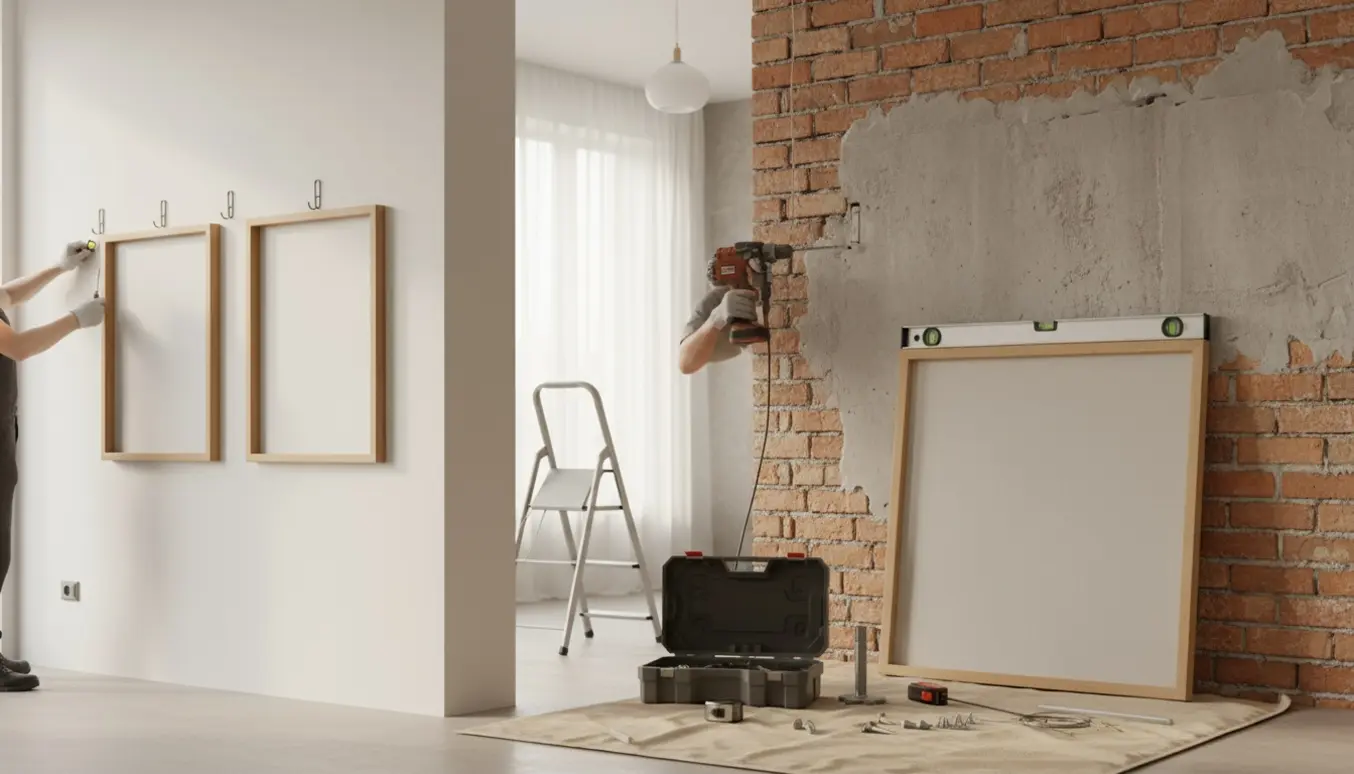 Hænder opsætter en hvid pendel og hænger tre billeder op på gips- og murstensvæg i et lyst stueinteriør.