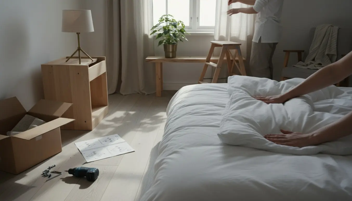 Soveværelse i blødt dagslys med redd seng, et samlesæt natbord, en lampe og gardiner, der hænges.