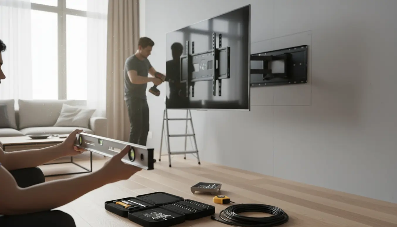 Montering af et nyt 75-tommer TV på et vægbeslag i en moderne stue med værktøj i fokus.