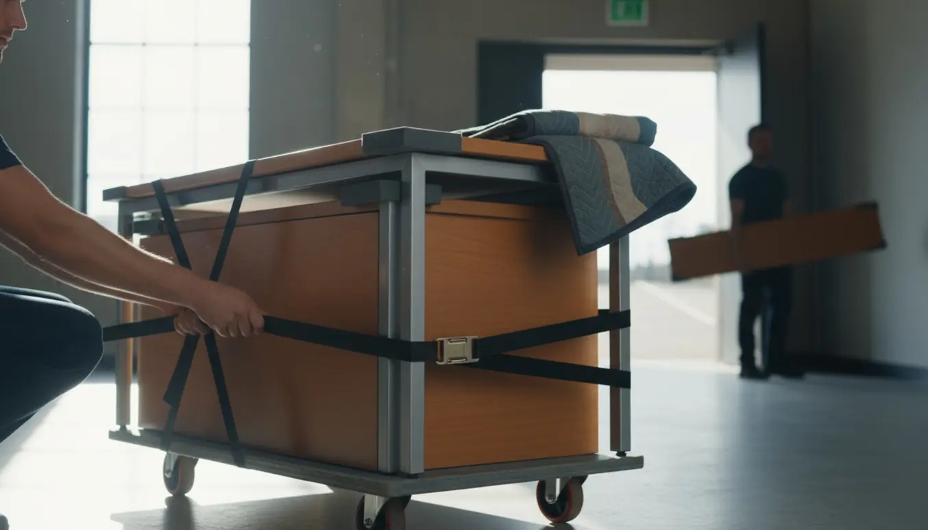 To stablerede skriveborde på en flyttevogn i en kontorgang, tæt på og beskyttet med tæpper og stropper.