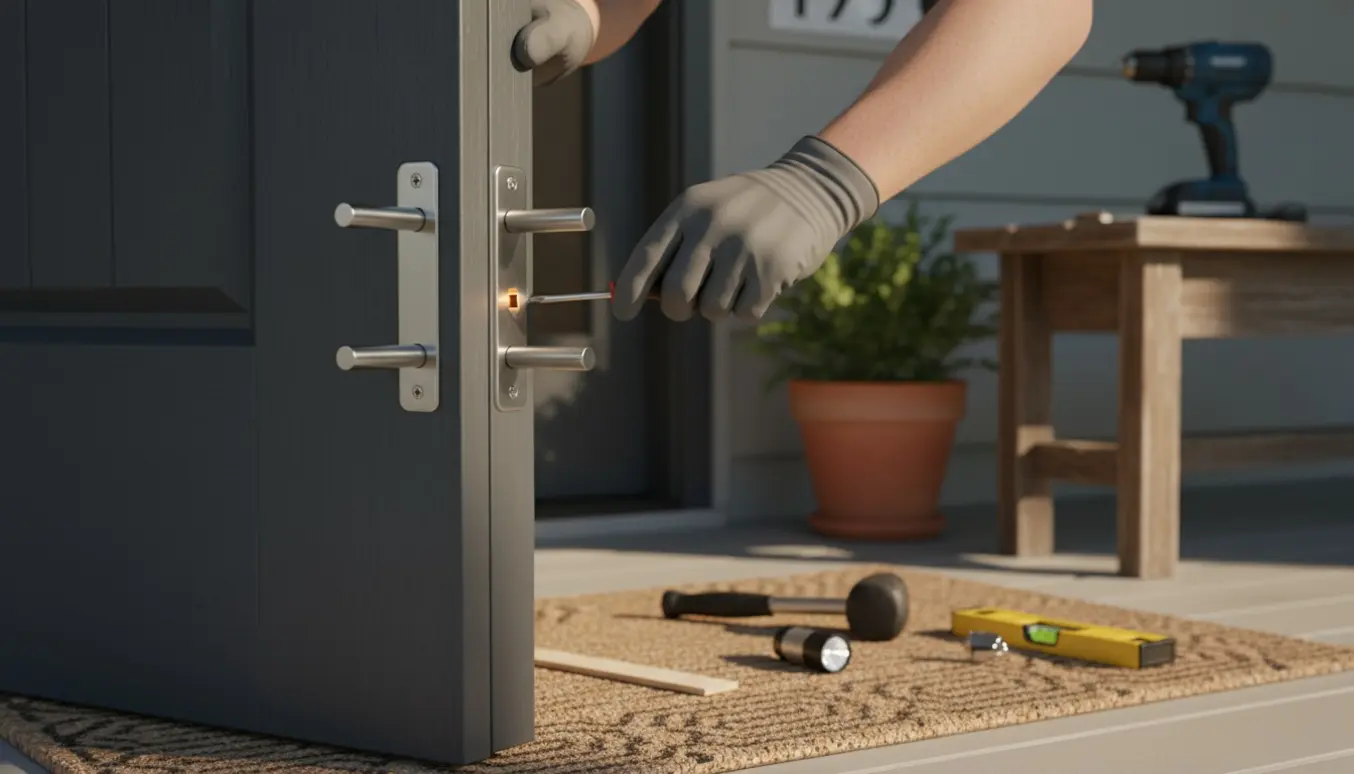 Nærbillede af en ny yderdør med trepunktslås, hvor låsebolten ikke går i dørkarmen, mens hænder med skruetrækker undersøger fejlen.
