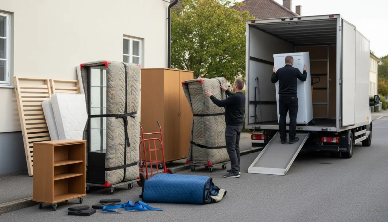 Flyttefolk læsser tømte møbler — fryser, skabe, senge og bogreol — ind i en ubrandet flyttevogn på en rolig villavej.