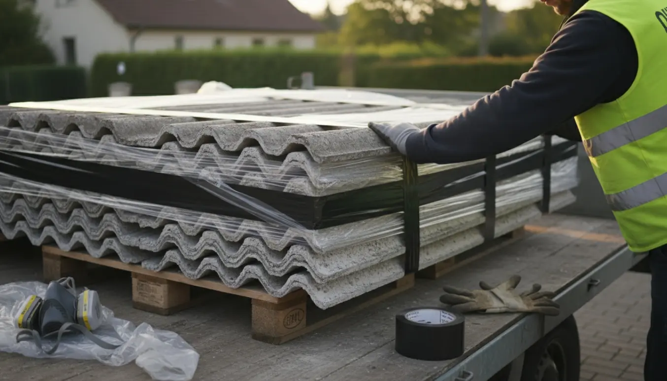 Trailer med eternitplader, hvor to plader pakkes ind i plastik og gaffatape med handsker synlige.