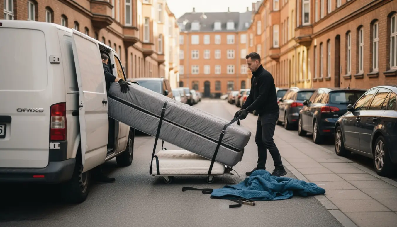 Flyttefolk læsser en pakket boxmadras og en topmadras fra en varevogn ved fortovet i en smal københavnsk gade.