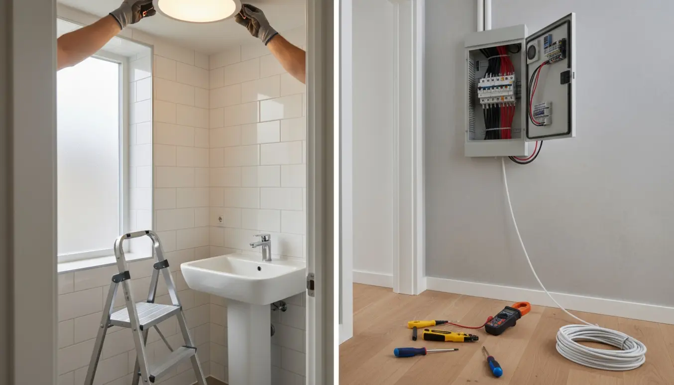 En elektriker installerer et nyt badeværelseslys, mens en åben eltavle med ordnede ledninger ses i baggrunden.