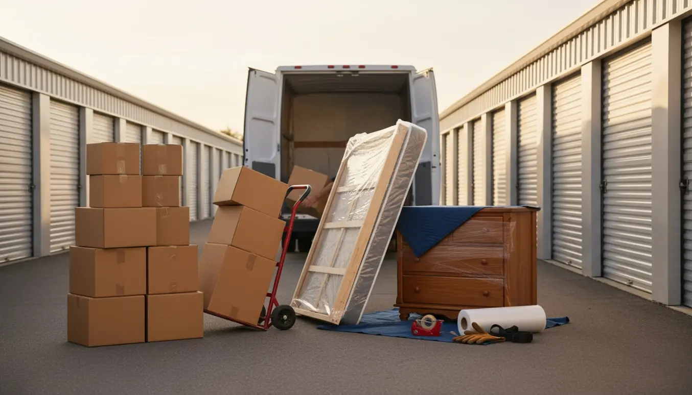 Stabler af kasser, en nedmonteret seng og en kommode ved en self-storage-enhed under varm eftermiddagssol.