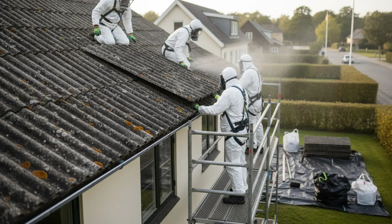 Arbejdere i beskyttelsesdragter fjerner og pakker bølgeasbesttag fra en dansk villa.
