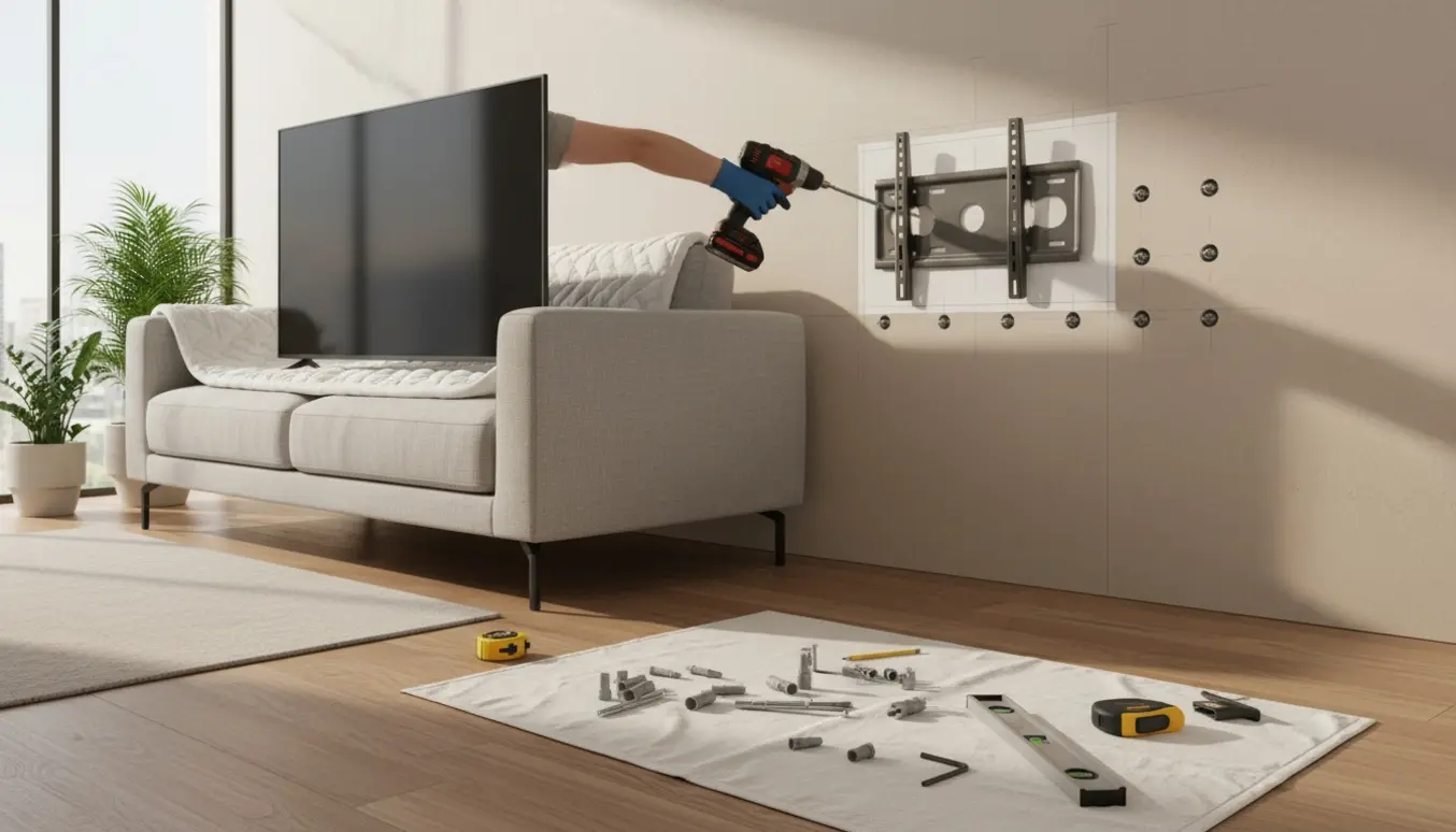 Hænder monterer et stort 77" OLED-tv på en enkeltlags gipsvæg med rawlplugs, skruer og værktøj i nærheden.