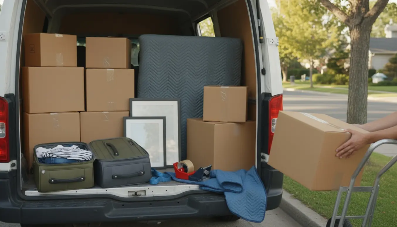 Åben varebil med et tv, to indrammede billeder, to kufferter og seks flyttekasser klar til at blive læsset uden synlige ansigter.