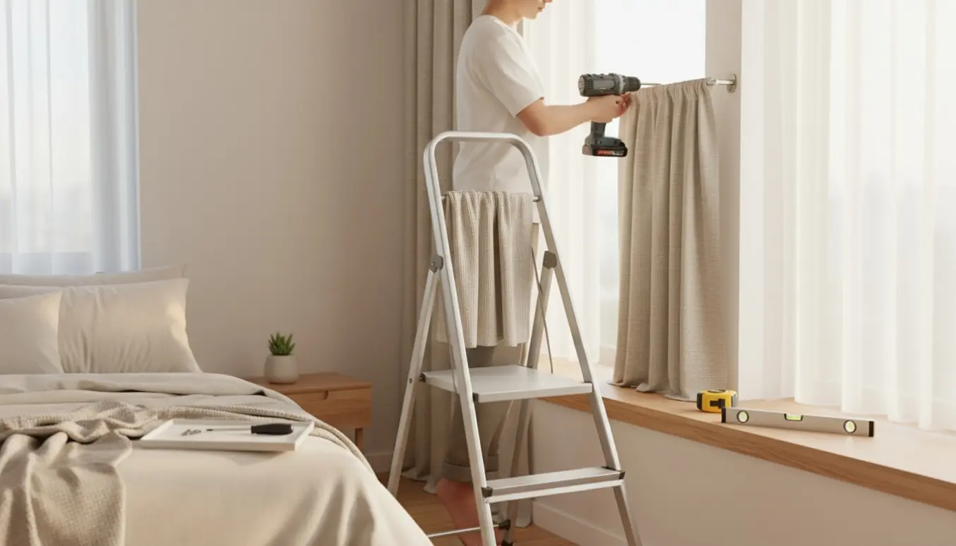 Hænder monterer en gardinstang i et lyst, hyggeligt soveværelse.