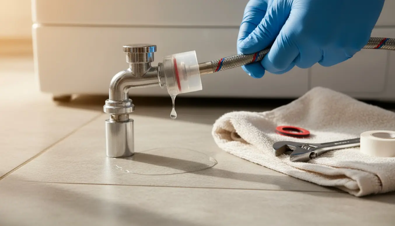 Nærbillede af en vaskemaskinetilslutning med en midlertidig lukning uden pakning, hvor der drypper vand.