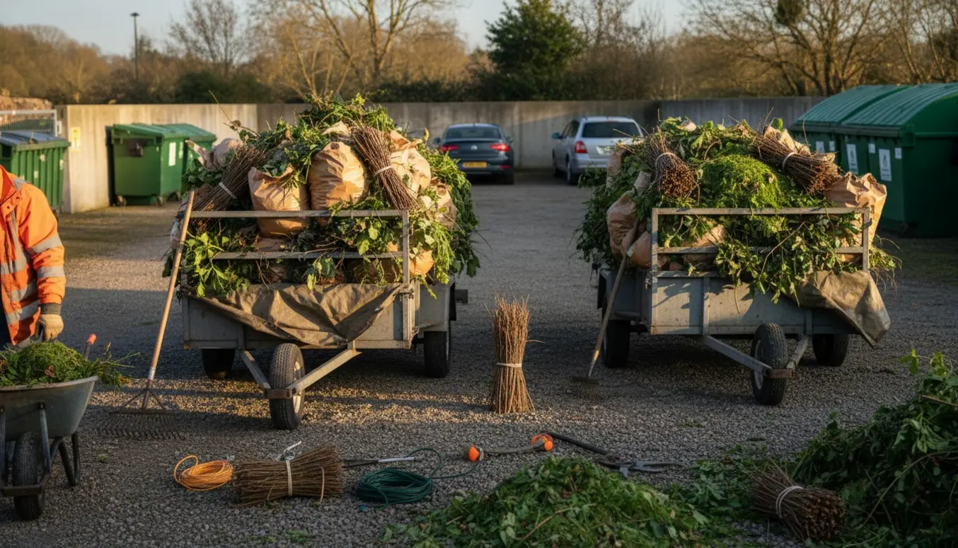 To trailere fyldt med haveaffald ved en genbrugsstation, klar til bortkørsel.