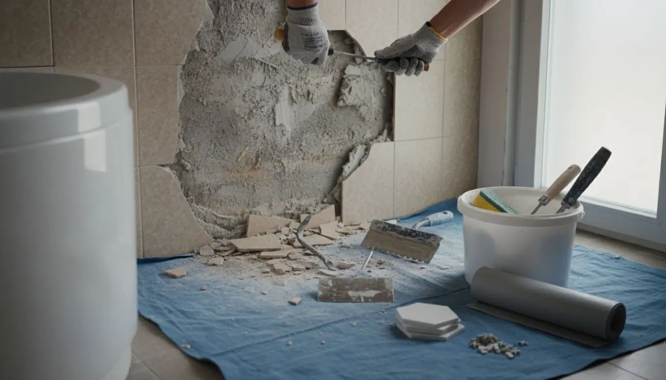 Et badeværelse under renovering med delvist afmonterede vægklinker, værktøj og stakke af nye fliser.