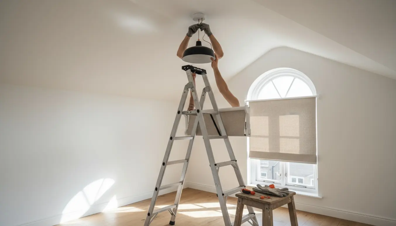 Person på stige monterer en loftlampe og klikker et rullegardin i et højt, lyst rum.