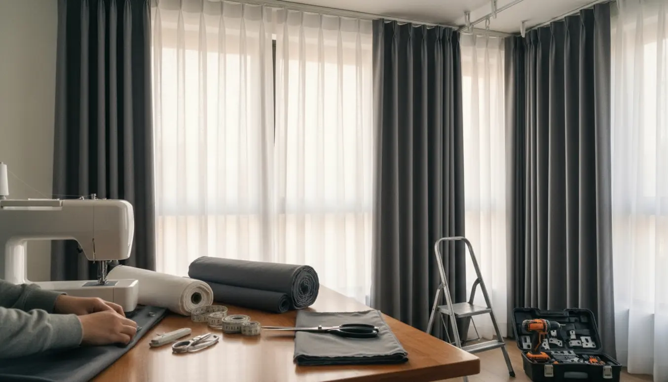 Hænder syr og opsætter dobbelte gardinpaneler med tynde sheers og mørklægningsstof ved et vindue.