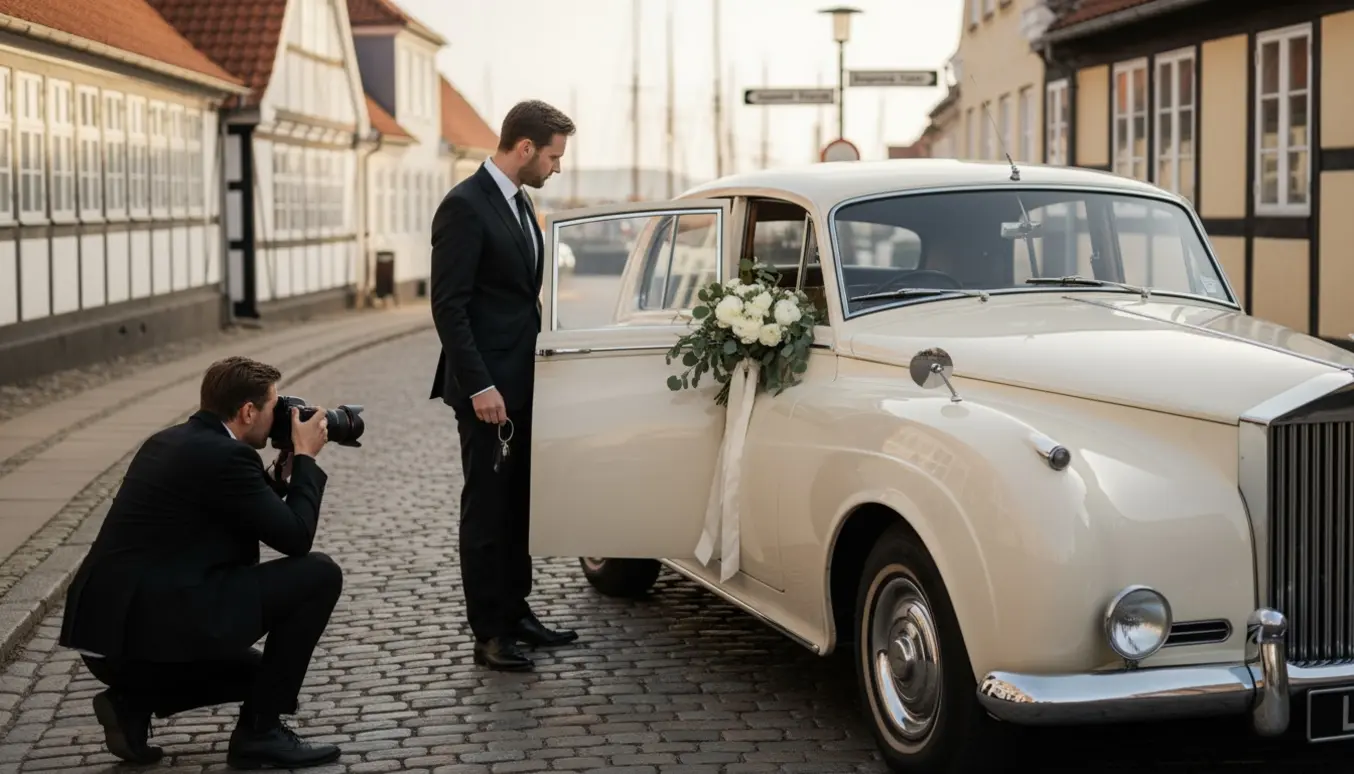 Elegant bryllupsbil parkeret på en brostensgade med en blomsterbuket i sædet og chaufføren ved siden af.
