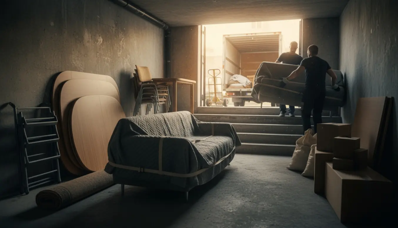 Adskilte møbler, kasser og sække i et kælderrum ved en trappe, klar til afhentning.