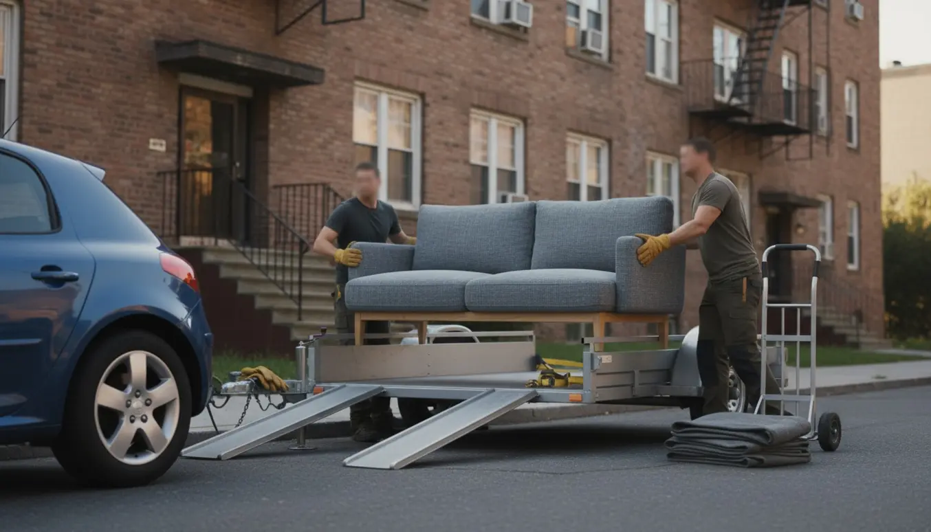 Sofa bliver løftet fra fortovet og læsset på en trailer foran en lejlighedsbygning.