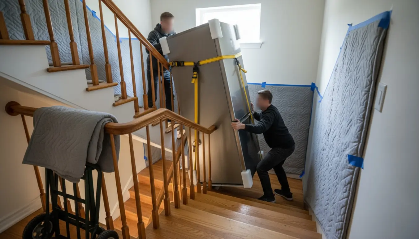 To personer bærer et nyt, højt køleskab op ad en smal trappe med tæpper og bærestropper for at beskytte både køleskab og vægge.