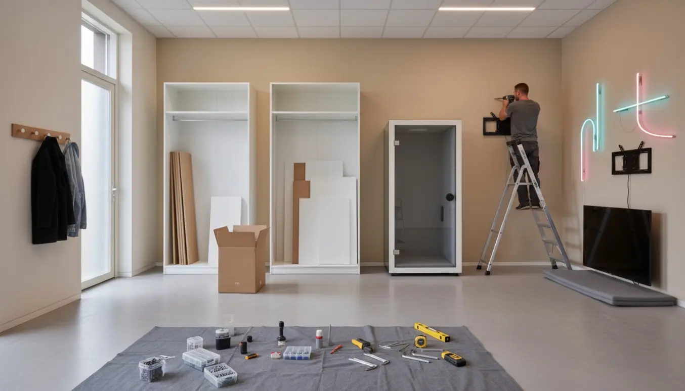 Entré under montage med TV, neonskilte, to PAX-lignende skabe, telefonboks og værktøj.