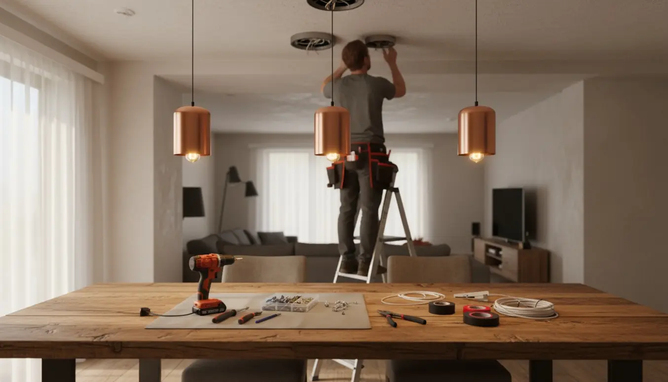 Nærbillede af en person, der monterer tre pendellamper med værktøj og reservedele på et træbord i et lyst rum.