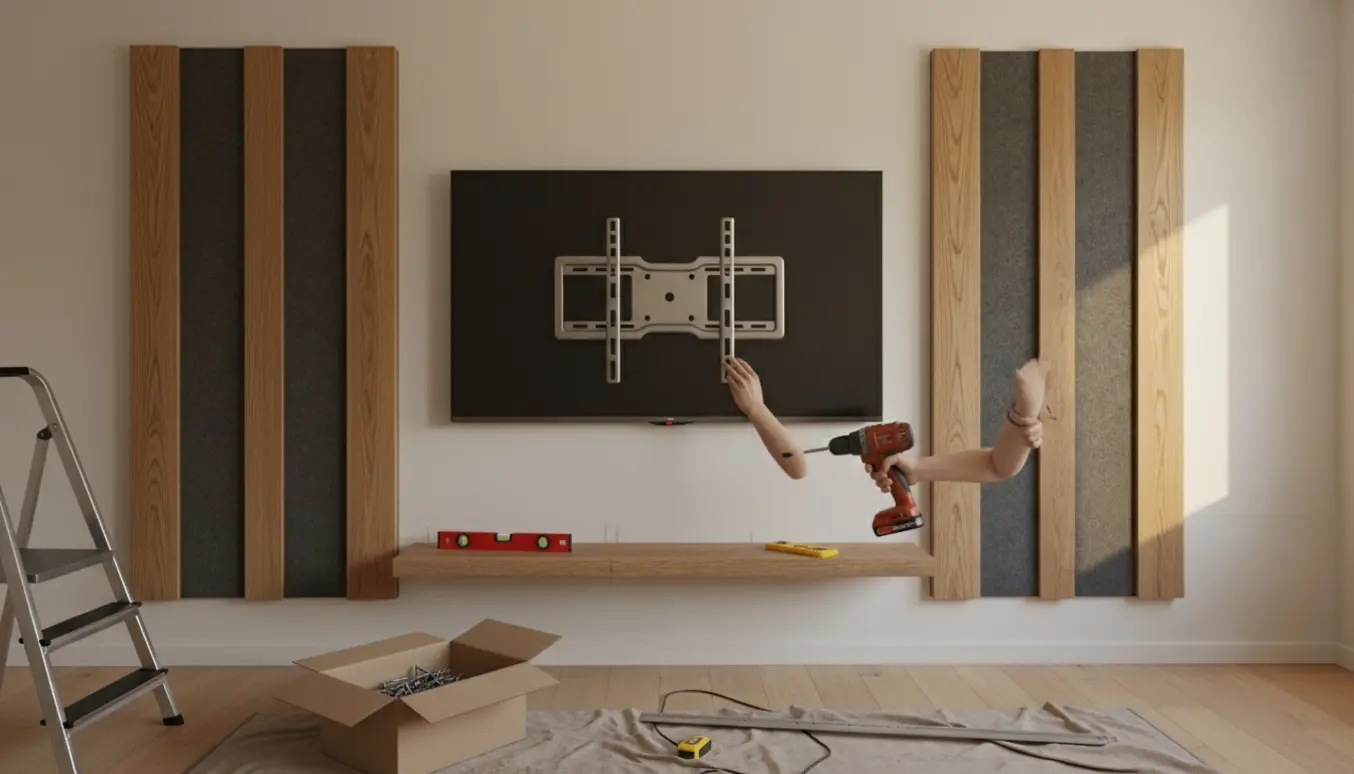 Nærbillede af hænder, der monterer akustiske træplader og en metalskinne til et stort vægmonteret TV med hylde og værktøj rundt om.