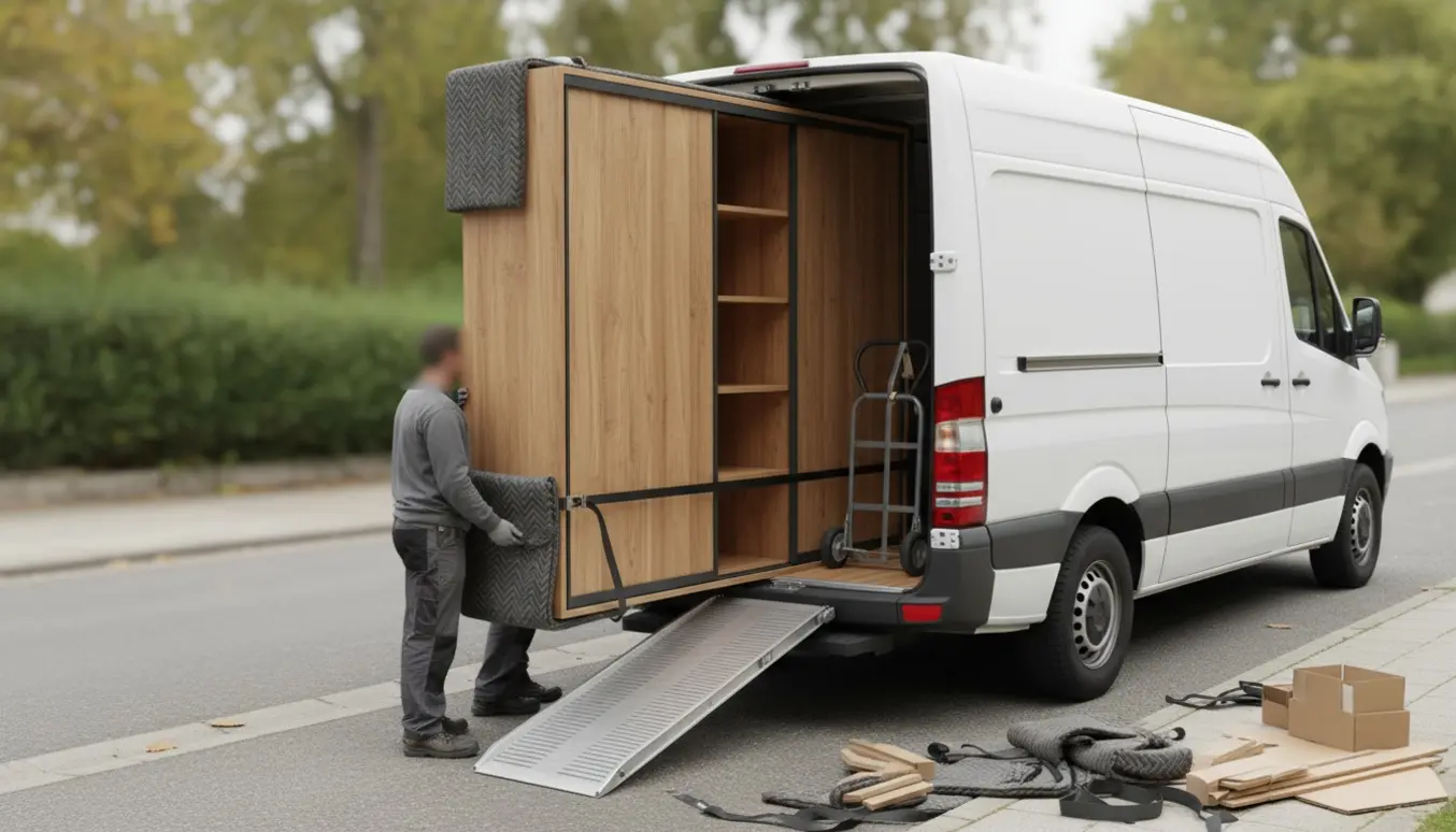 Et samlet klædeskab med skydelåger læsses ind i en varevogn ved kantstenen.