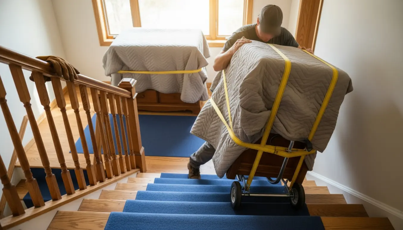 To personer bærer en tung kommode pakket i flyttetæpper ned ad en trappe, mens en anden kommode står pakket på reposen.