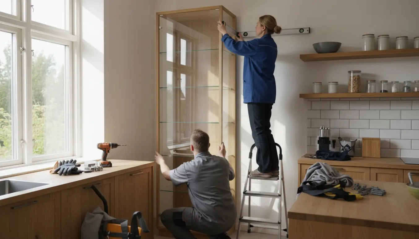 To personer monterer et tungt vitrineskab i et lyst, skandinavisk køkken med værktøj og løfteudstyr synligt.