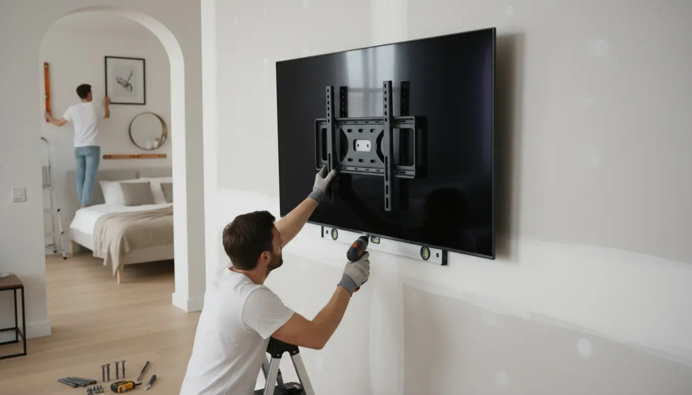 Montering af et 50" TV på en tyk gipsvæg i stuen, mens et billede og et spejl hænges i soveværelset.