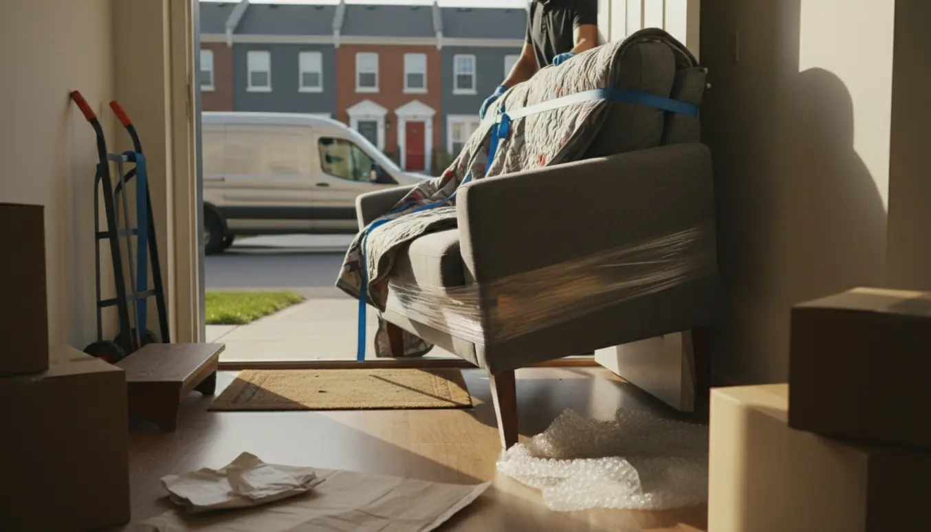 Grå sovesofa bæres gennem døråbningen mod en ventende flyttebil foran rækkehuse, omgivet af flyttekasser og dækkener.