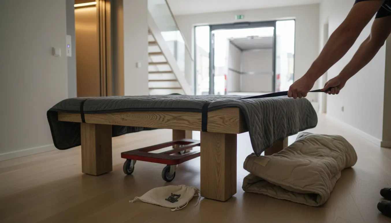 Stort firkantet sofabord uden ben pakket og sikret på dolly foran en elevator, klar til flytning.
