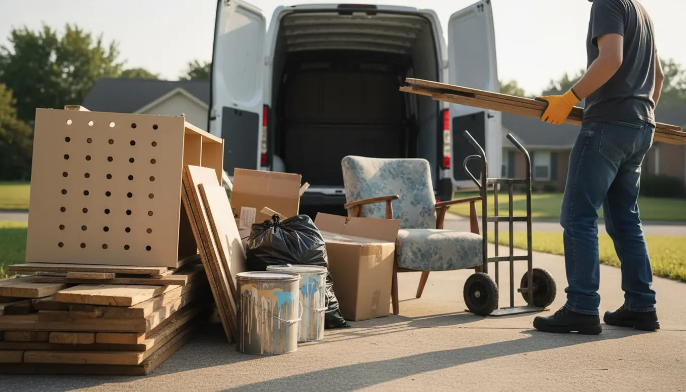 Blandet affald med træ, fladt samlet møbel og malerspande læsses i en åben varevogn på en indkørsel.