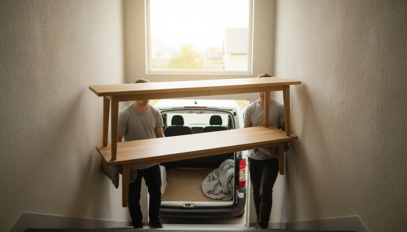 En lang træspisebænk bæres ned ad en trappe mod en ventende varebil, uden indpakning.