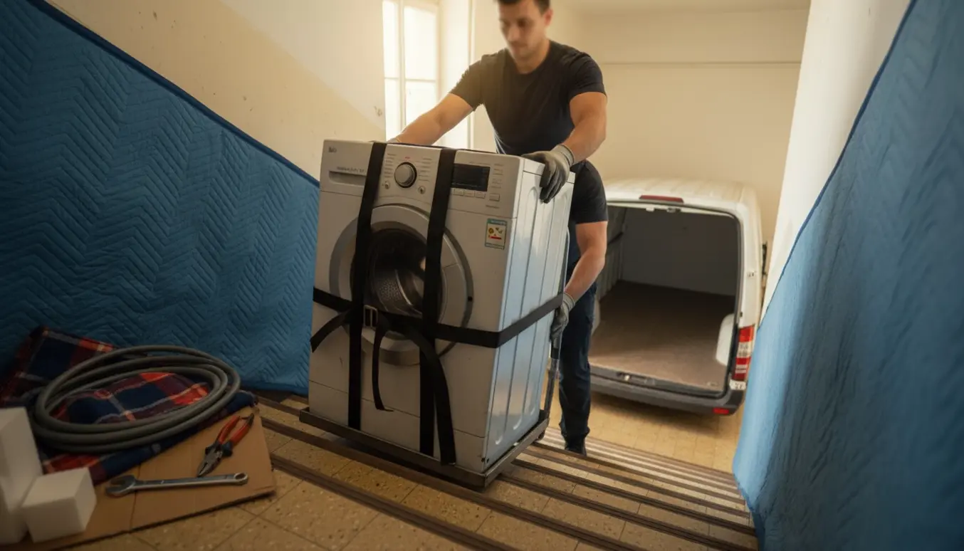 To personer bærer en gammel vaskemaskine ned ad en smal trappe, sikret med stropper og tæpper.