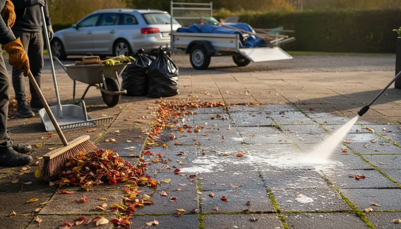 Person fejer og samler faldne blade på en terrasse med kost, skovl, affaldsposer og trailer i baggrunden.