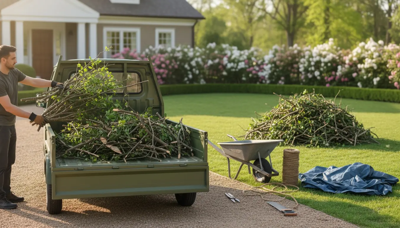 To bunker med haveaffald på en villagrund ved en trailer og værktøj klar til afhentning.