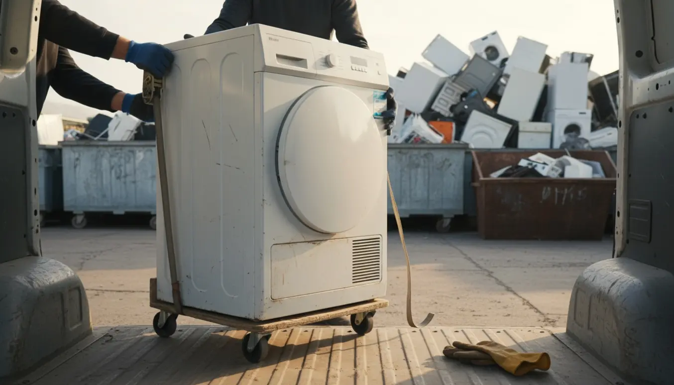 En brugt tørretumbler læsses ind i en varebil ved en genbrugsplads.