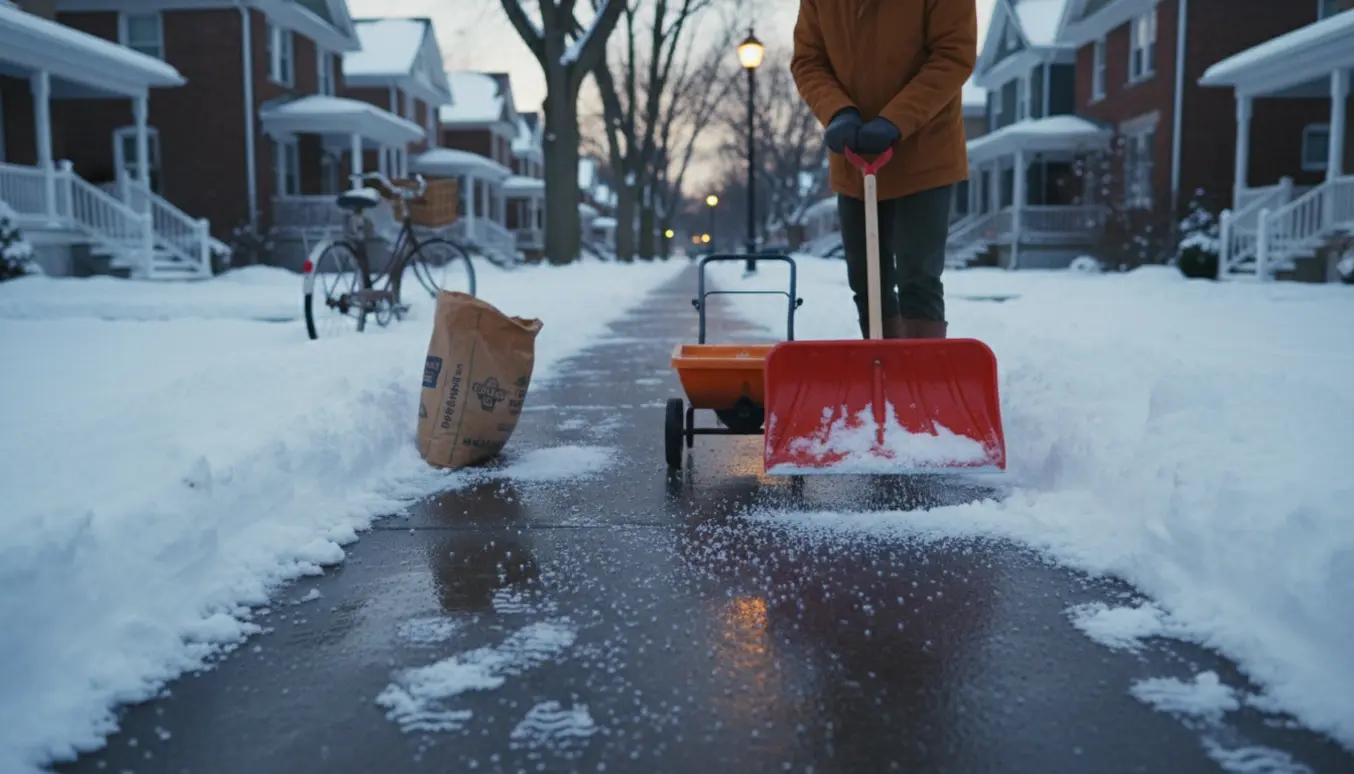 En person rydder sne og spreder salt på et snedækket fortov set bagfra.