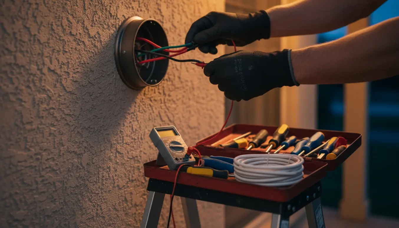 Hænder i isolerede handsker efterser en udendørslampe med blottede ledninger og værktøj på en stige.